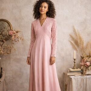 Vintage 1960s Designer Abella Paris Pink Lace Maxi Dress M